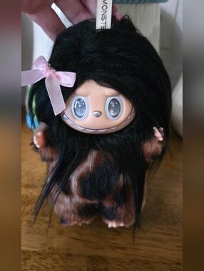 Plush Monster Doll with Long Black Hair & Brown Spotted Fur